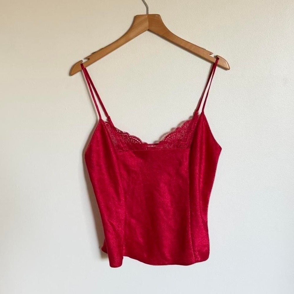 Vintage Y2K Victoria's Secret Red Satin Lace Trim Cami Top 90s Slip Tank Size M